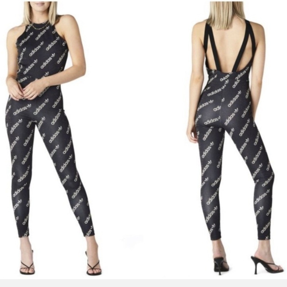 Adidas Originals Women Black Metallic Logo Print Open Back Jumpsuit Catsuit S